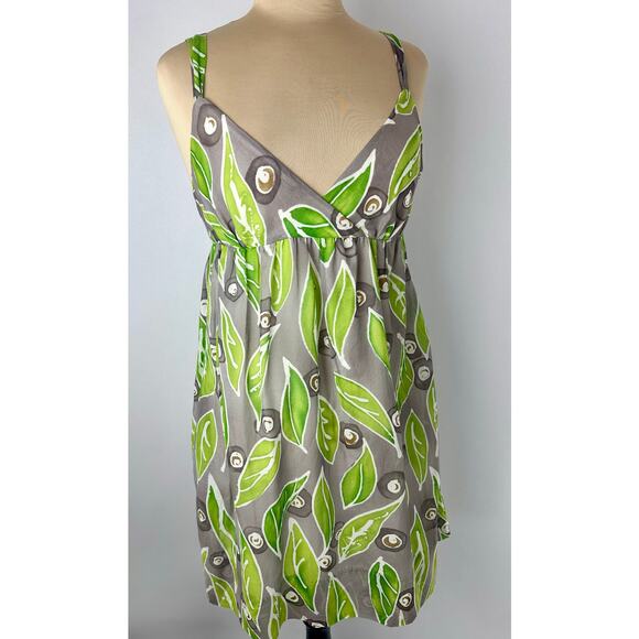 Vince. Size 8 Empire Waist Silk Mini Dress Gray Green Sundress Leaf Leaves Boho - Picture 3 of 11